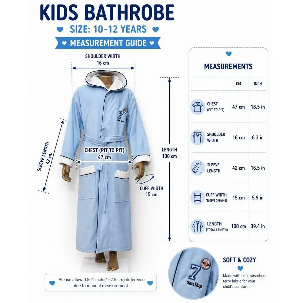 Kids Hooded Bathrobe 100% Cotton Blue 10-12Y Soft Terry Robe Belted - Picture 4 of 7